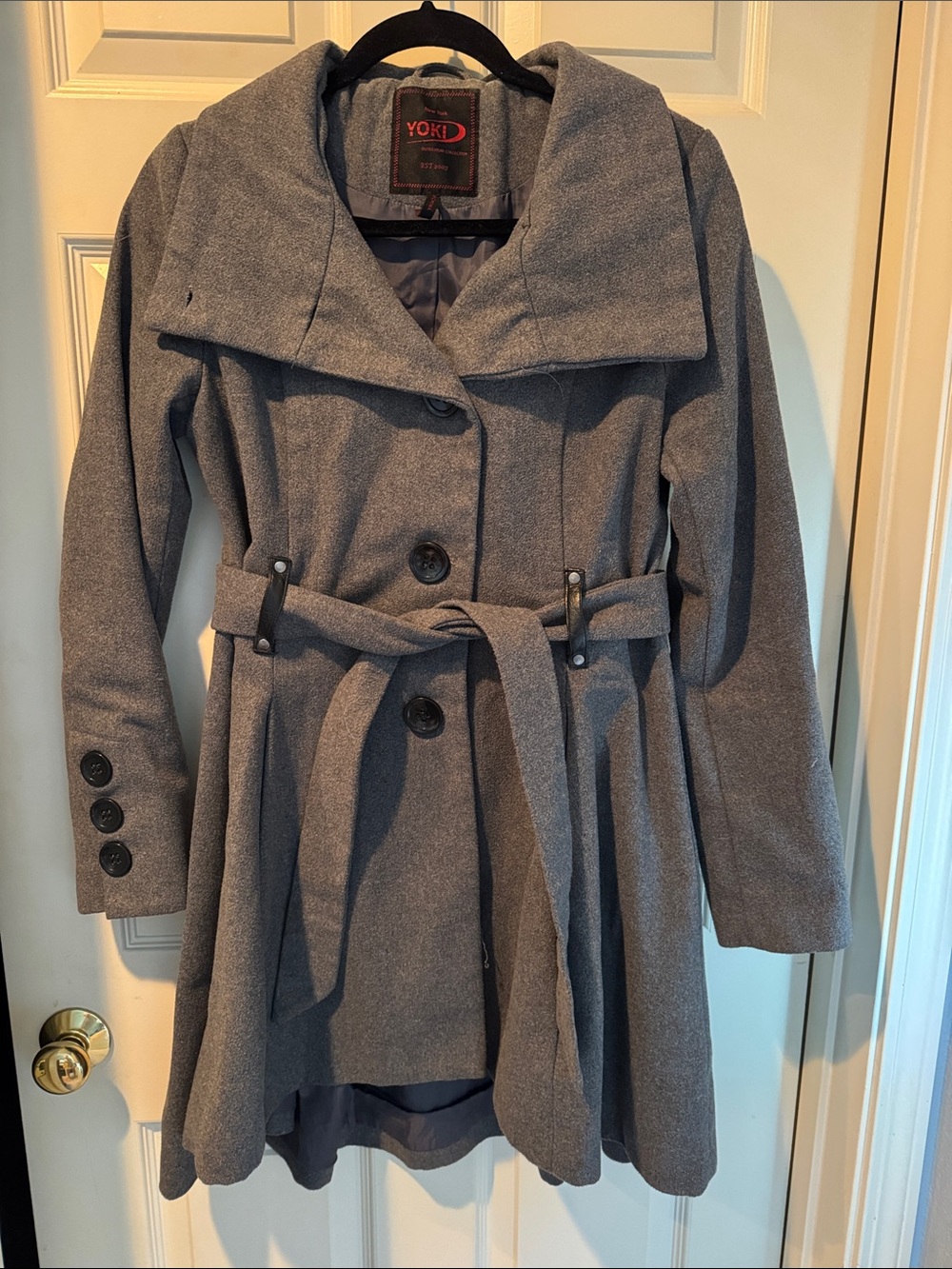 Yoki Women's Heather Gray Belted Trench Coat with Wide Shawl Collar